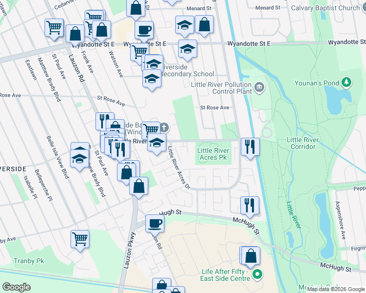 map of restaurants, bars, coffee shops, grocery stores, and more near 8525 Little River Road in Windsor