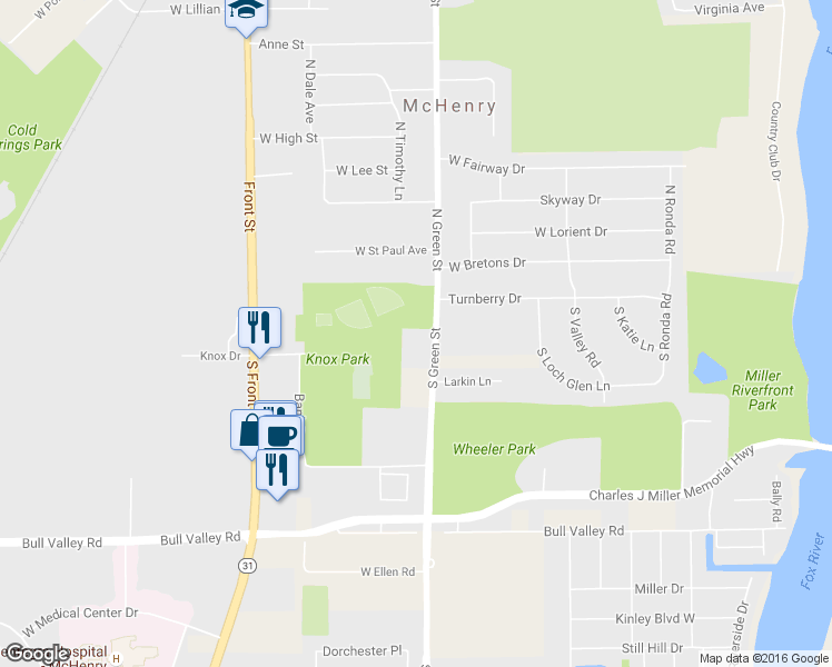 map of restaurants, bars, coffee shops, grocery stores, and more near 203 South Green Street in McHenry
