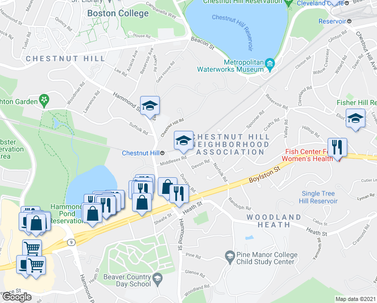 map of restaurants, bars, coffee shops, grocery stores, and more near 69 Middlesex Road in Newton