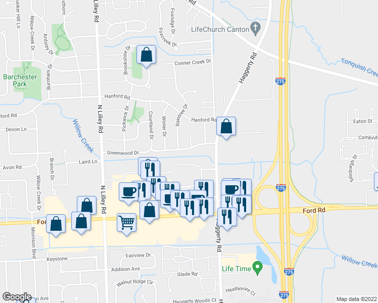 map of restaurants, bars, coffee shops, grocery stores, and more near 41621 Greenwood Drive in Canton