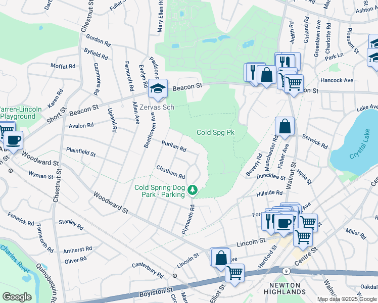 map of restaurants, bars, coffee shops, grocery stores, and more near 17 Puritan Road in Newton