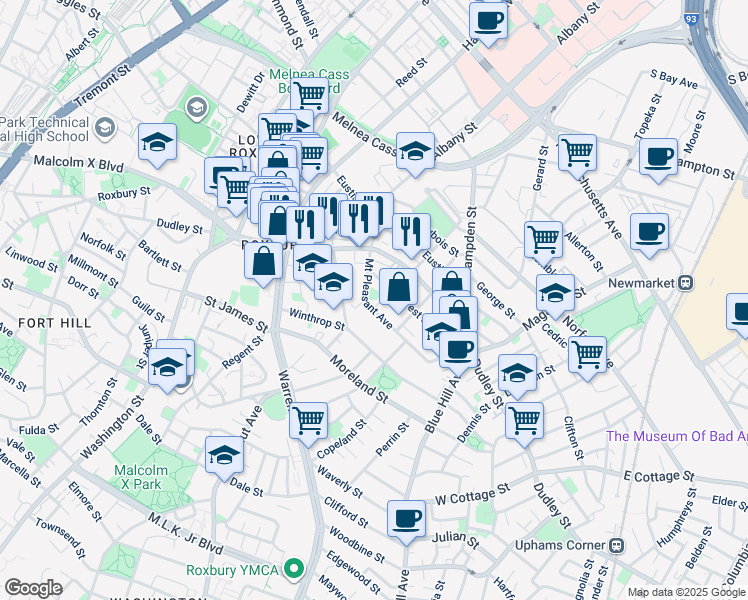 map of restaurants, bars, coffee shops, grocery stores, and more near 40 Mount Pleasant Avenue in Boston