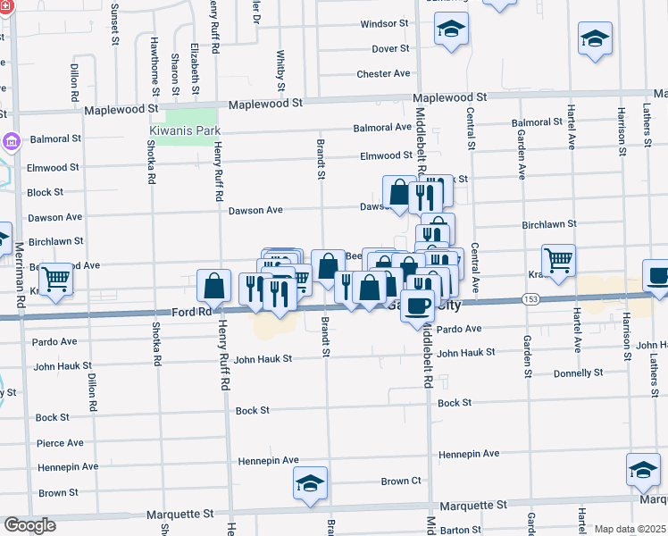 map of restaurants, bars, coffee shops, grocery stores, and more near 29835 Beechwood Avenue in Garden City