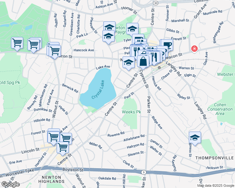 map of restaurants, bars, coffee shops, grocery stores, and more near 83 Norwood Avenue in Newton