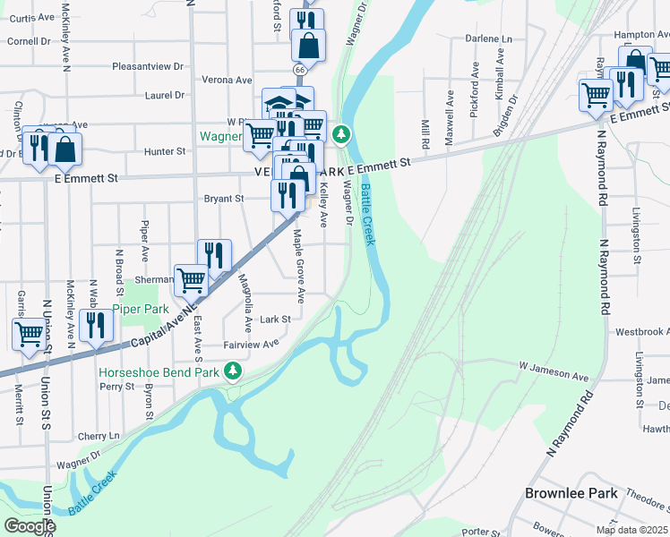 map of restaurants, bars, coffee shops, grocery stores, and more near 675 Wagner Drive in Battle Creek
