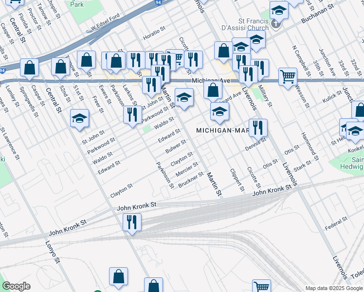 map of restaurants, bars, coffee shops, grocery stores, and more near 6847 Bulwer Street in Detroit