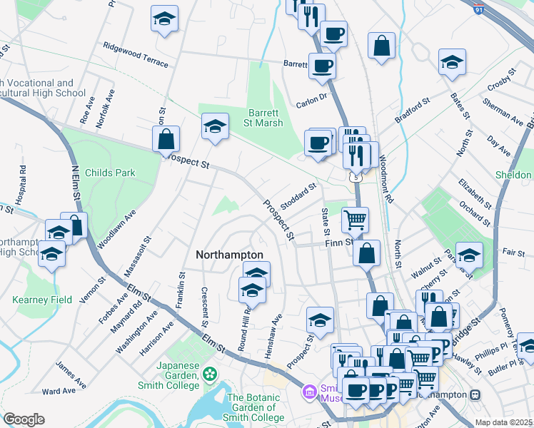 map of restaurants, bars, coffee shops, grocery stores, and more near 196 Round Hill Road in Northampton