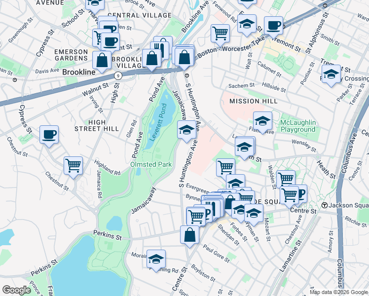 map of restaurants, bars, coffee shops, grocery stores, and more near 161 South Huntington Avenue in Boston