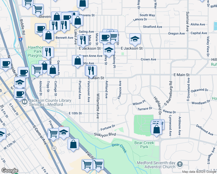 map of restaurants, bars, coffee shops, grocery stores, and more near 27 Ashland Avenue in Medford