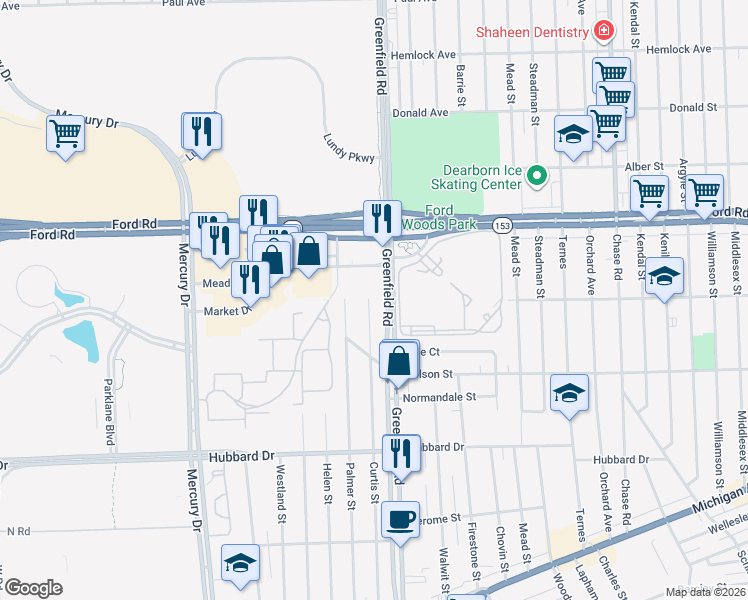 map of restaurants, bars, coffee shops, grocery stores, and more near 5404 Curtis Street in Dearborn