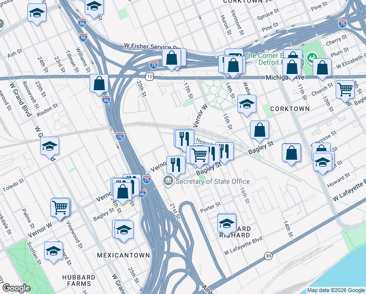map of restaurants, bars, coffee shops, grocery stores, and more near 2020 Saint Anne Street in Detroit