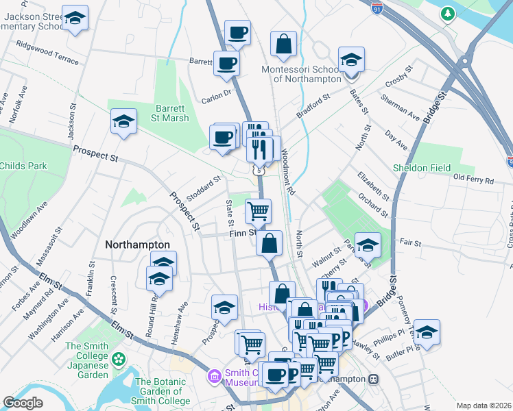 map of restaurants, bars, coffee shops, grocery stores, and more near 200 King Street in Northampton