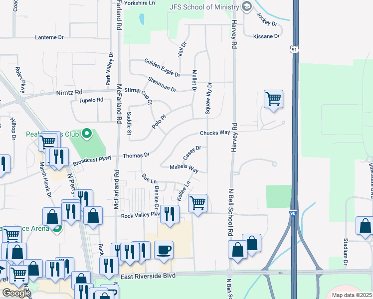 map of restaurants, bars, coffee shops, grocery stores, and more near 7334 Casey Drive in Loves Park