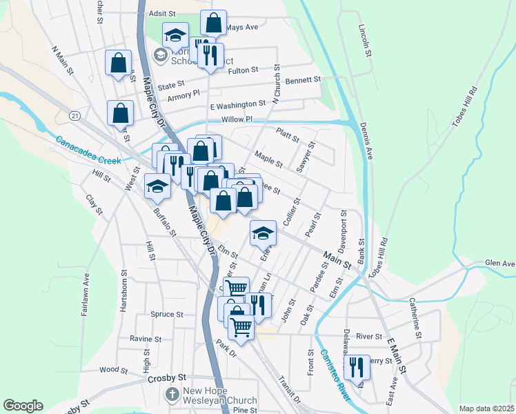 map of restaurants, bars, coffee shops, grocery stores, and more near 9-11 Hakes Avenue in Hornell