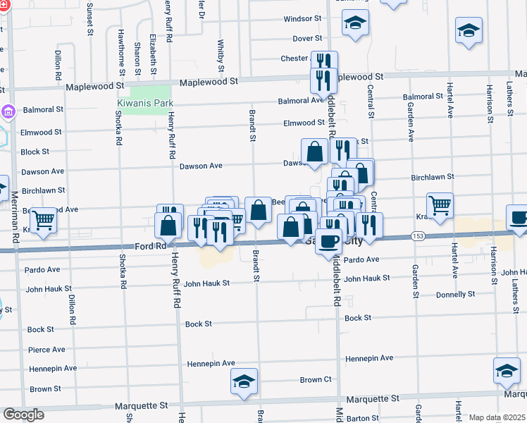 map of restaurants, bars, coffee shops, grocery stores, and more near 29835 Beechwood Avenue in Garden City
