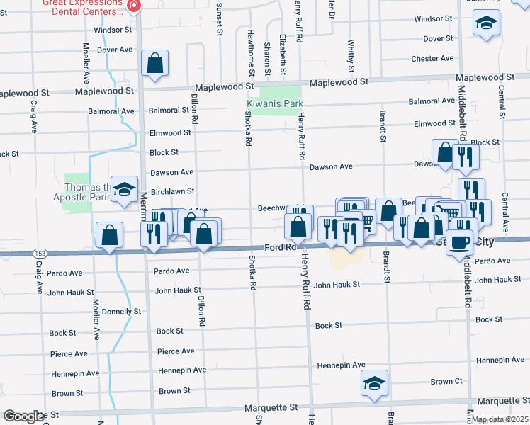 map of restaurants, bars, coffee shops, grocery stores, and more near 30621 Beechwood Avenue in Garden City