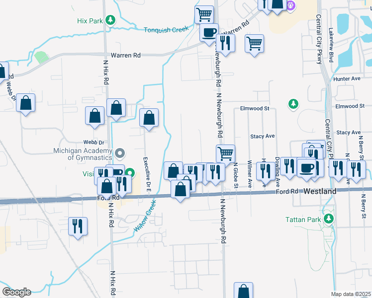 map of restaurants, bars, coffee shops, grocery stores, and more near 5922 Huff Street in Westland