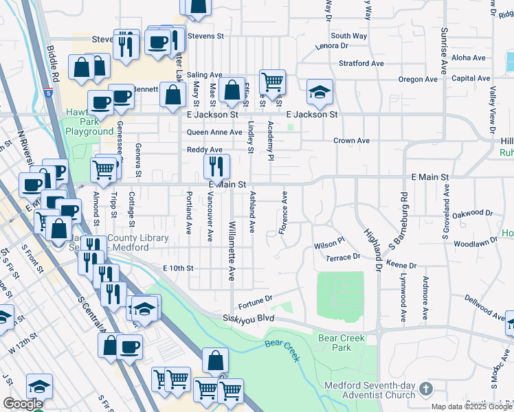 map of restaurants, bars, coffee shops, grocery stores, and more near 27 Ashland Avenue in Medford