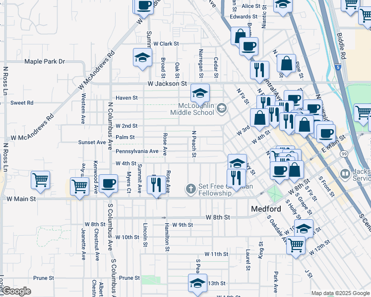 map of restaurants, bars, coffee shops, grocery stores, and more near 208 North Peach Street in Medford