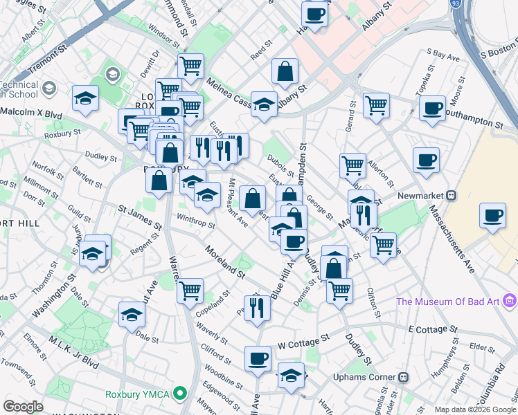 map of restaurants, bars, coffee shops, grocery stores, and more near 40 Forest Street in Boston