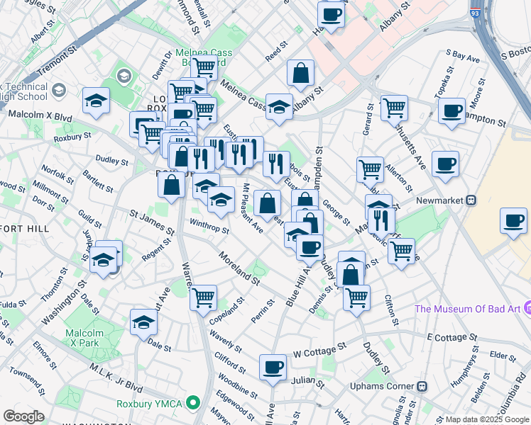 map of restaurants, bars, coffee shops, grocery stores, and more near 40 Forest Street in Boston