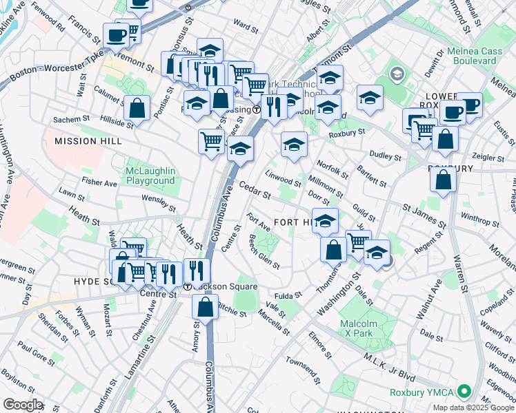 map of restaurants, bars, coffee shops, grocery stores, and more near 8 Highland Park Avenue in Boston
