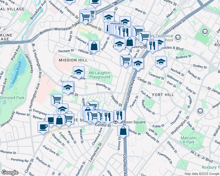 map of restaurants, bars, coffee shops, grocery stores, and more near 4 Fisher Avenue in Boston