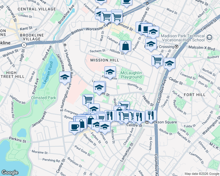 map of restaurants, bars, coffee shops, grocery stores, and more near 6 Bucknam Street in Boston