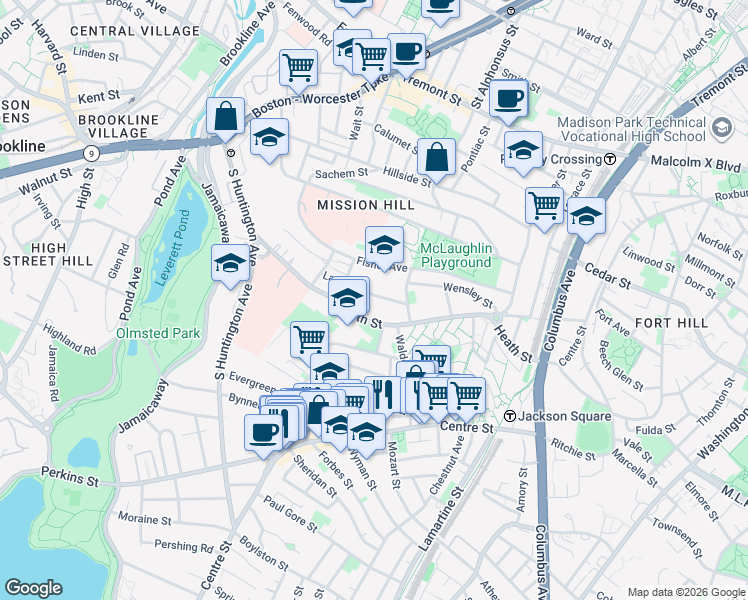 map of restaurants, bars, coffee shops, grocery stores, and more near 58 Lawn Street in Boston