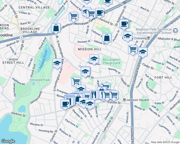 map of restaurants, bars, coffee shops, grocery stores, and more near 58 Lawn Street in Boston