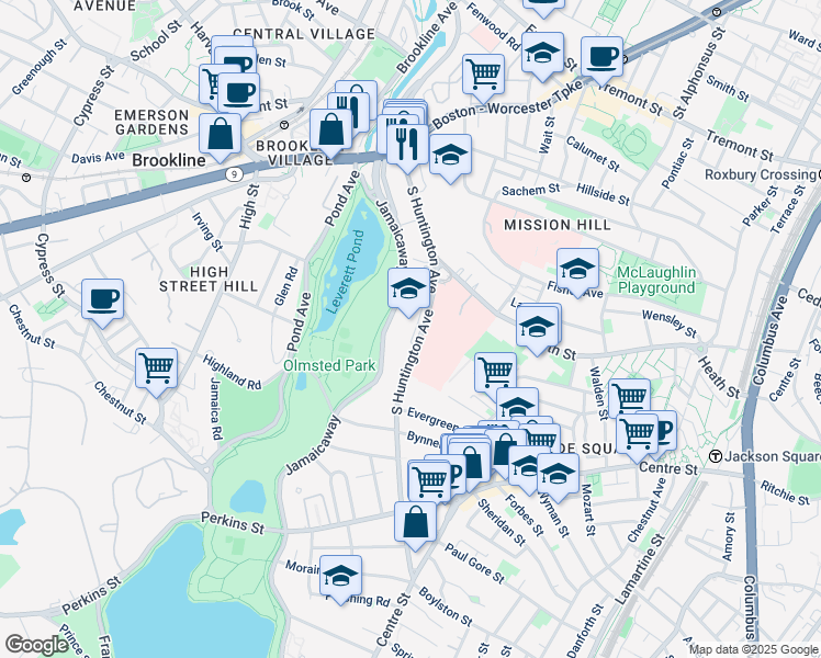 map of restaurants, bars, coffee shops, grocery stores, and more near 161 South Huntington Avenue in Boston