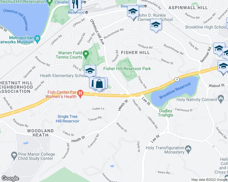 map of restaurants, bars, coffee shops, grocery stores, and more near 30 Eliot Street in Brookline