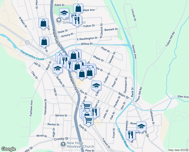 map of restaurants, bars, coffee shops, grocery stores, and more near 9-11 Hakes Avenue in Hornell