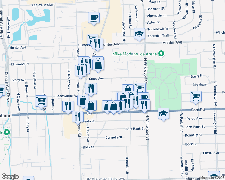 map of restaurants, bars, coffee shops, grocery stores, and more near 5815 North Christine in Westland