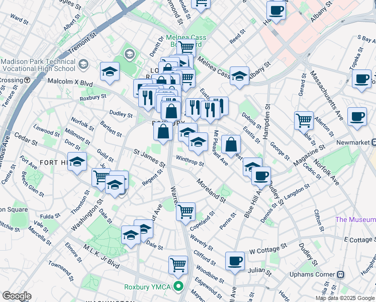 map of restaurants, bars, coffee shops, grocery stores, and more near 20 Kearsarge Avenue in Boston