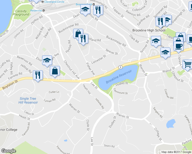 map of restaurants, bars, coffee shops, grocery stores, and more near 667 Boylston Street in Brookline