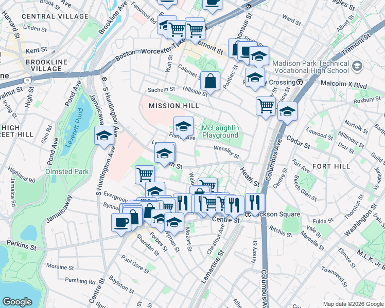 map of restaurants, bars, coffee shops, grocery stores, and more near 6 Bucknam Street in Boston