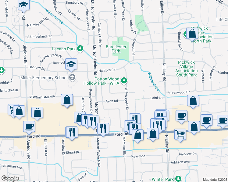 map of restaurants, bars, coffee shops, grocery stores, and more near 43090 Fernwood Street in Canton