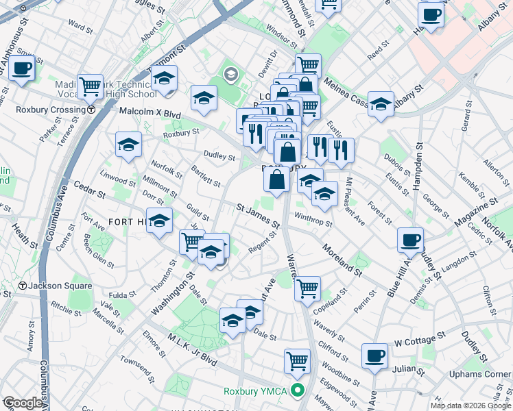 map of restaurants, bars, coffee shops, grocery stores, and more near 39 Saint James Street in Boston