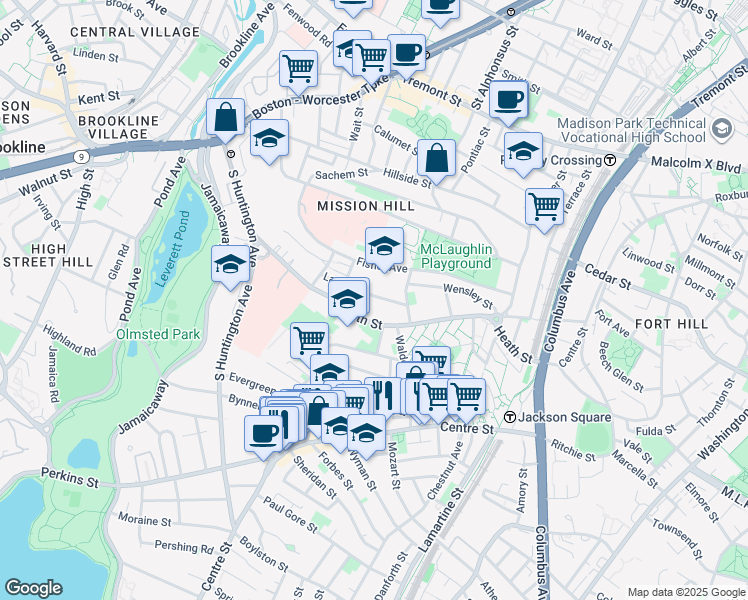 map of restaurants, bars, coffee shops, grocery stores, and more near 58 Lawn Street in Boston
