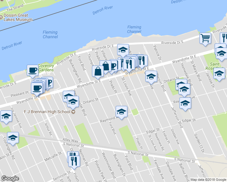 map of restaurants, bars, coffee shops, grocery stores, and more near 877 Prado Place in Windsor