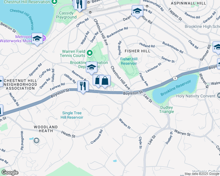 map of restaurants, bars, coffee shops, grocery stores, and more near 36 Eliot Crescent in Brookline