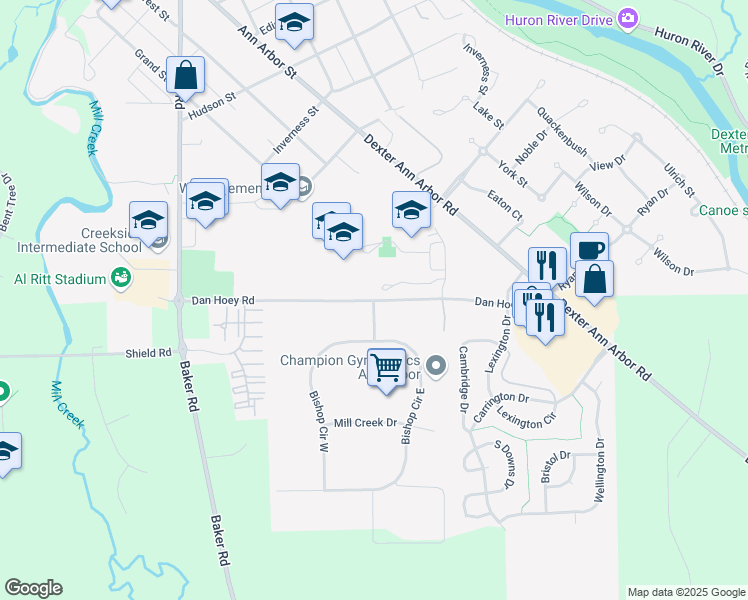 map of restaurants, bars, coffee shops, grocery stores, and more near 7480 Dan Hoey Road in Dexter