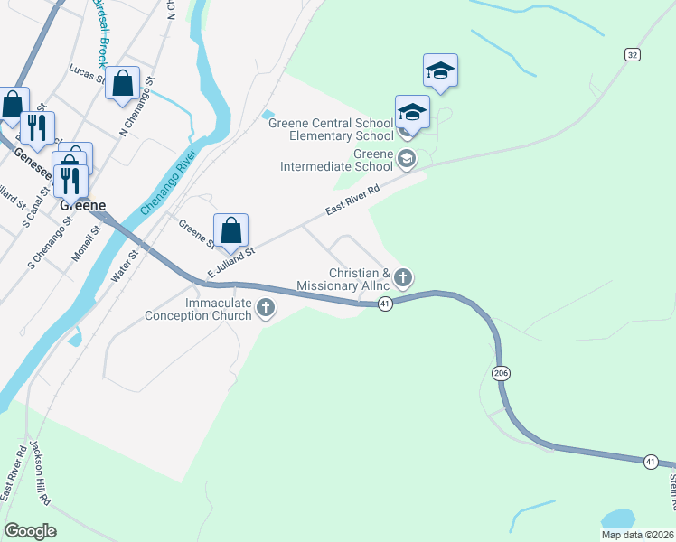 map of restaurants, bars, coffee shops, grocery stores, and more near 115 Crestmont Road in Greene