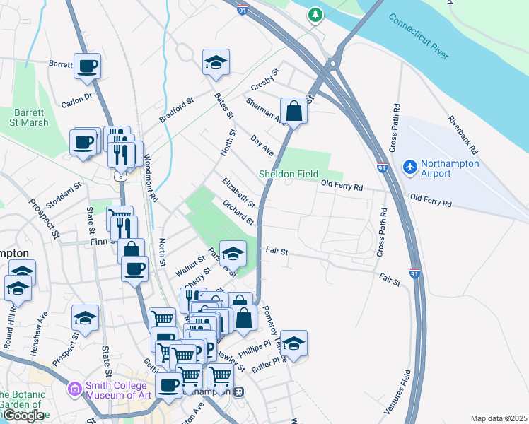 map of restaurants, bars, coffee shops, grocery stores, and more near 207 Bridge Street in Northampton