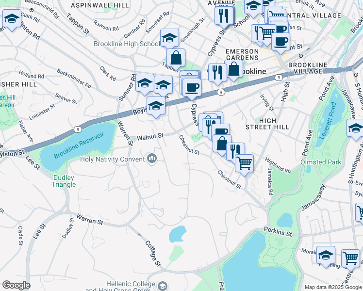 map of restaurants, bars, coffee shops, grocery stores, and more near 27 Chestnut Street in Brookline
