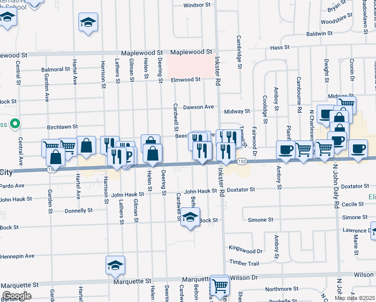 map of restaurants, bars, coffee shops, grocery stores, and more near 5641 Belton St in Garden City
