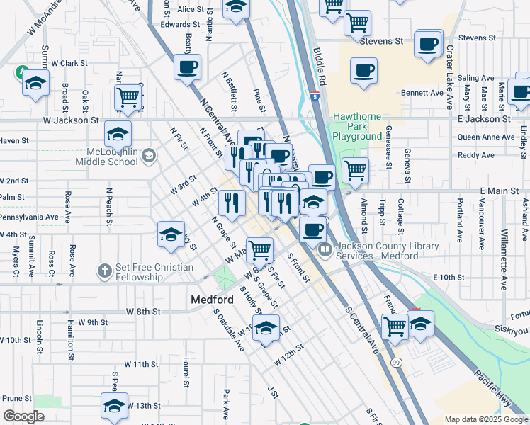 map of restaurants, bars, coffee shops, grocery stores, and more near 100 East 6th Street in Medford