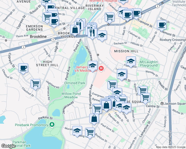 map of restaurants, bars, coffee shops, grocery stores, and more near 161 South Huntington Avenue in Boston