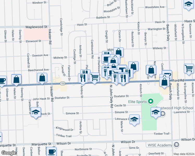 map of restaurants, bars, coffee shops, grocery stores, and more near 5637 North Charlesworth Street in Dearborn Heights